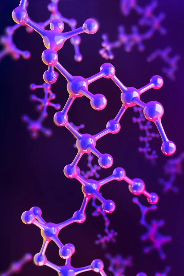 A 3D illustration of molecules in purple hues, representing hormone pellet treatments from Vida Integrative Health of Miami in Miami.